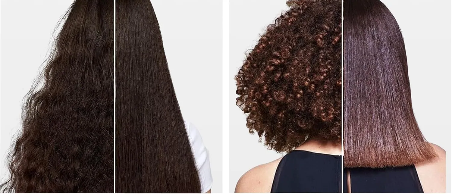 Wavy hair and tight curls before, straight hair after a Progressiva treatment, seen from behind